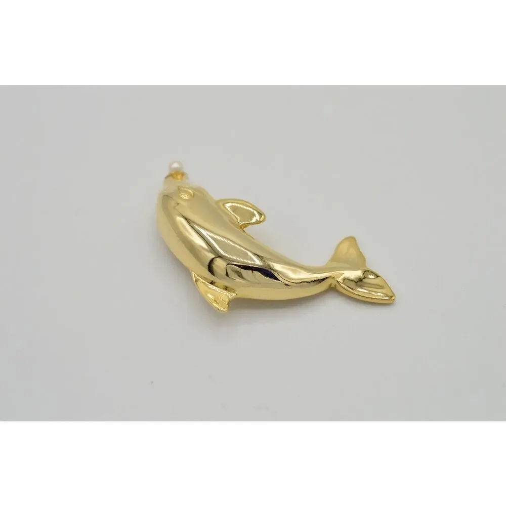 Vintage Figural Dolphin Pin Brooch Pearl Gold Tone 2.5